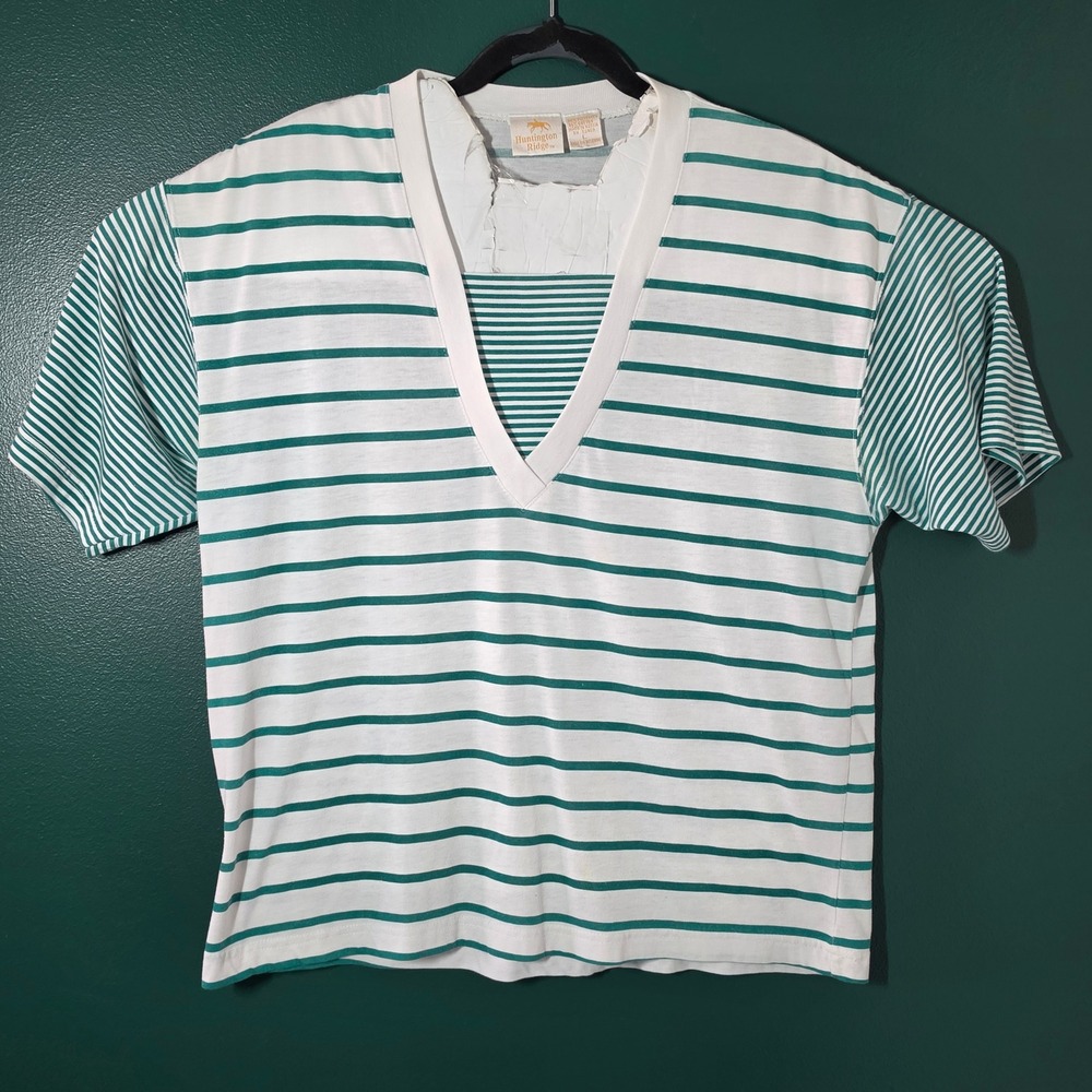 Huntington Ridge Vintage Green White Striped V-Neck Short Sleeve Top Womens L